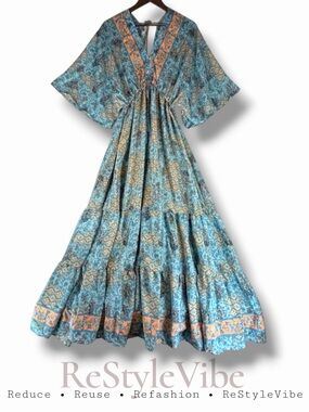 ZURY Women’s Size FREE SIZE Dress Maxi Kaftan Style Silk Blend V-Neckline Boho